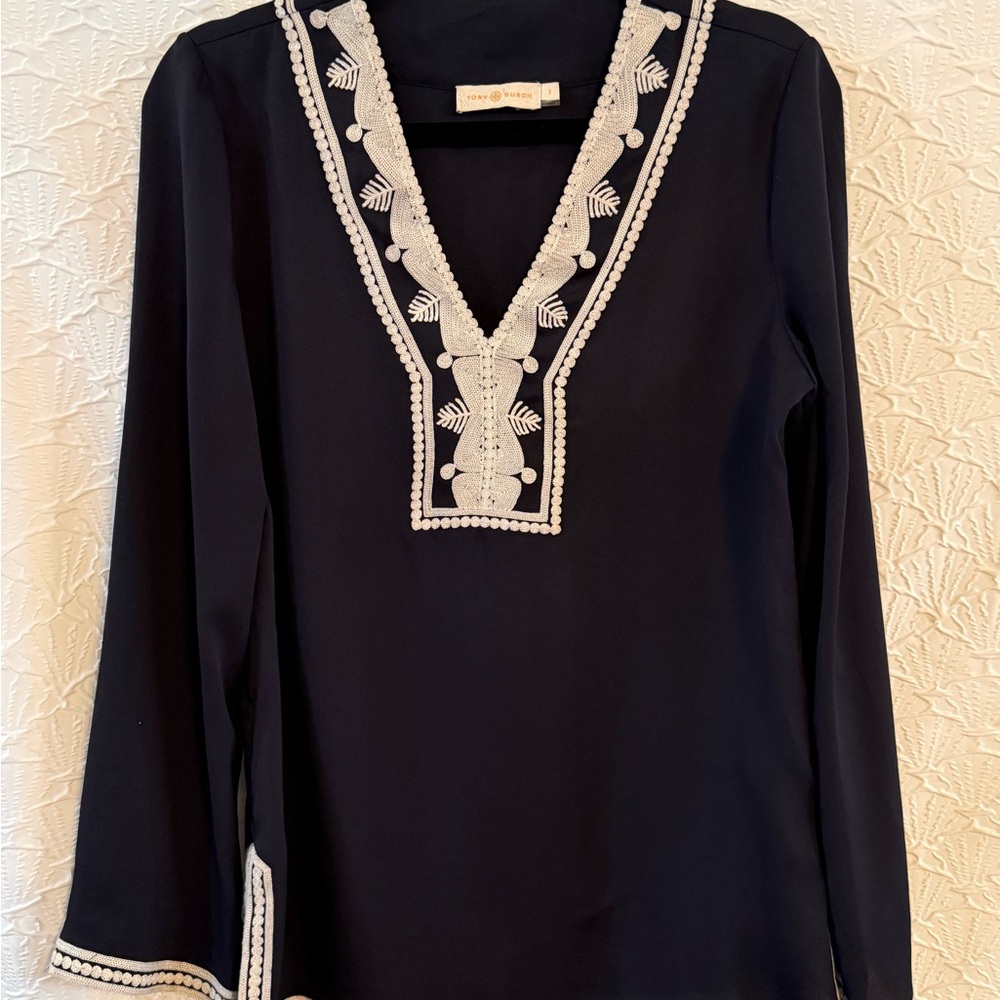 Tory Burch Black Tunic with Cream Embroidered V-Neck Size 6